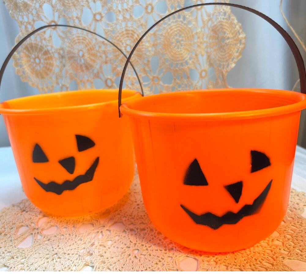 Pair of Jack-O-Lantern Blow Mold Pumpkin Buckets Vintage 1980s/90s Halloween